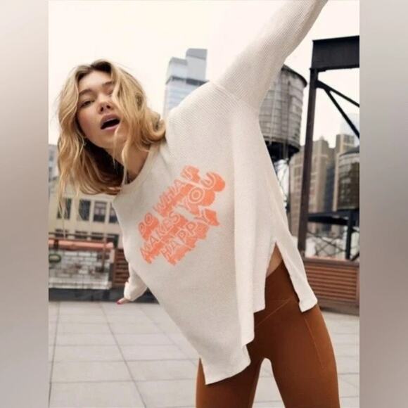 Aerie Do What Makes You Happy Waffle Knit Thermal Top Oversized Medium Ivory - Picture 1 of 11